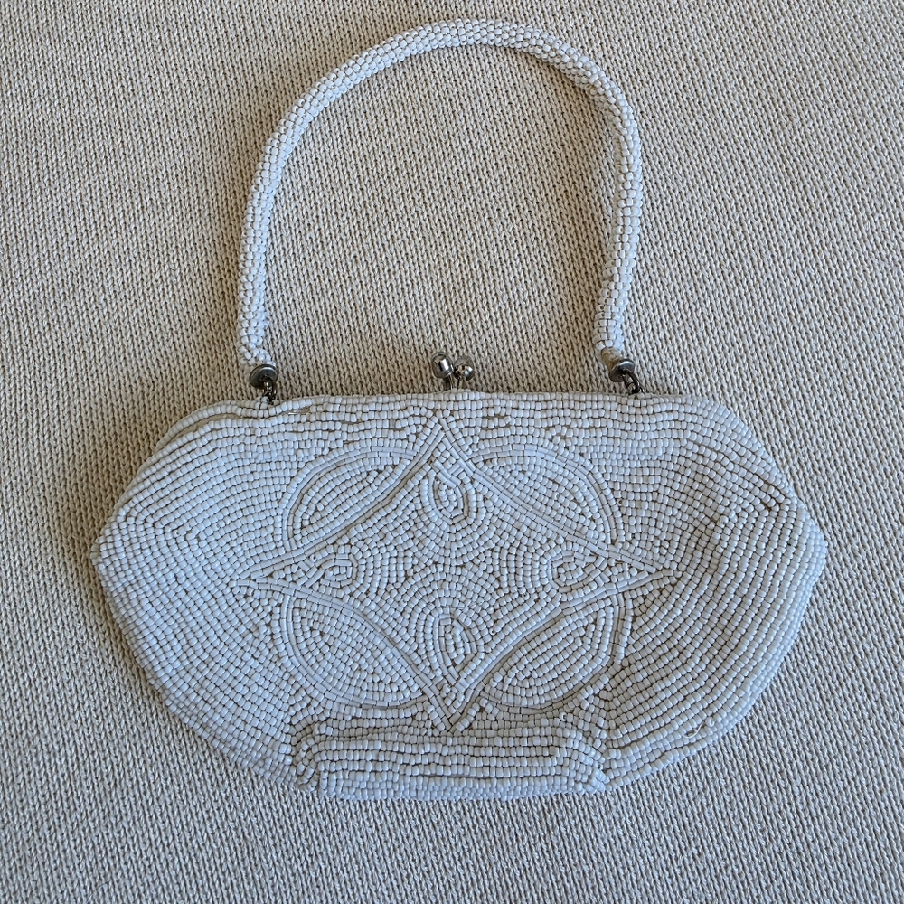 Mid-Century DU-VAL Japan Seed bead White Beaded Satin Lined Clutch Bag